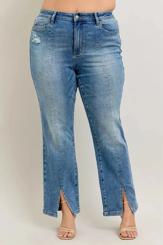 Judy Blue High Waist Vintage Wash Front Seam & Slit Straight Jeans In Medium Wash