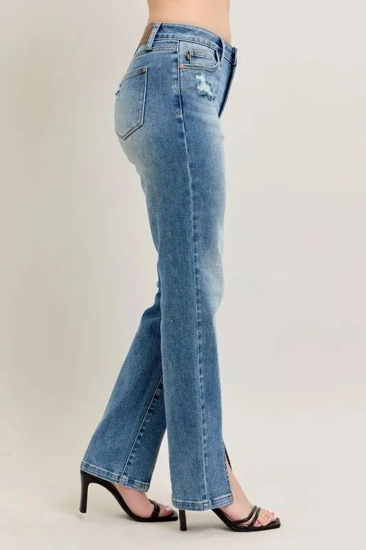 Judy Blue High Waist Vintage Wash Front Seam & Slit Straight Jeans In Medium Wash