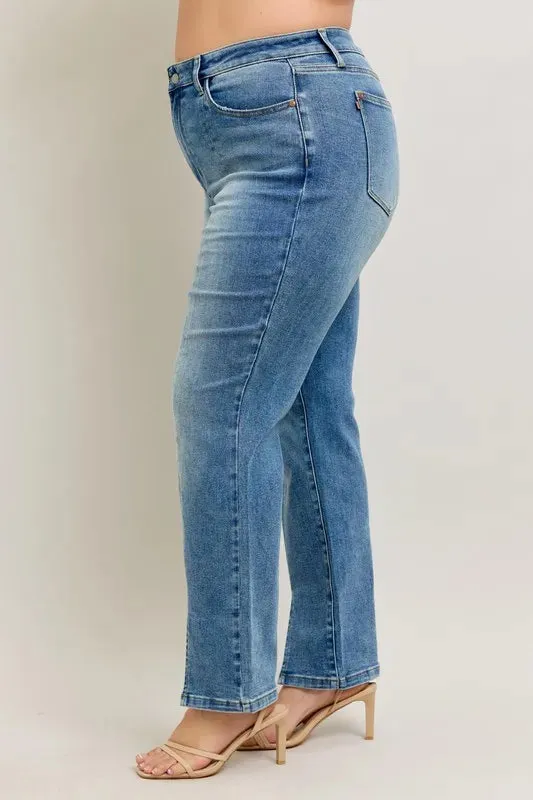Judy Blue High Waist Vintage Wash Front Seam & Slit Straight Jeans In Medium Wash