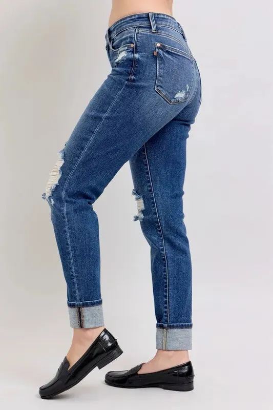 Judy Blue Mid Rise Boyfriend destroy Jeans with Yoke Pockets and Faux Selvedge Cuffs In Dark Wash
