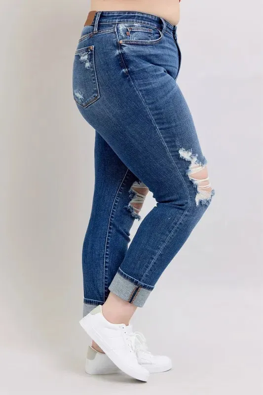 Judy Blue Mid Rise Boyfriend destroy Jeans with Yoke Pockets and Faux Selvedge Cuffs In Dark Wash