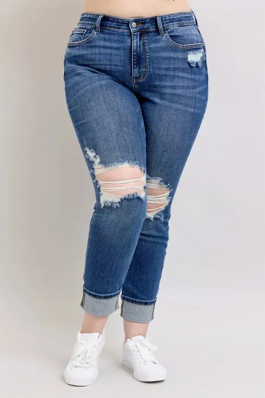 Judy Blue Mid Rise Boyfriend destroy Jeans with Yoke Pockets and Faux Selvedge Cuffs In Dark Wash