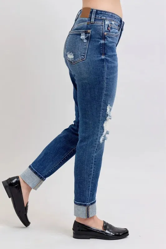 Judy Blue Mid Rise Boyfriend destroy Jeans with Yoke Pockets and Faux Selvedge Cuffs In Dark Wash
