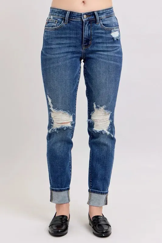 Judy Blue Mid Rise Boyfriend destroy Jeans with Yoke Pockets and Faux Selvedge Cuffs In Dark Wash