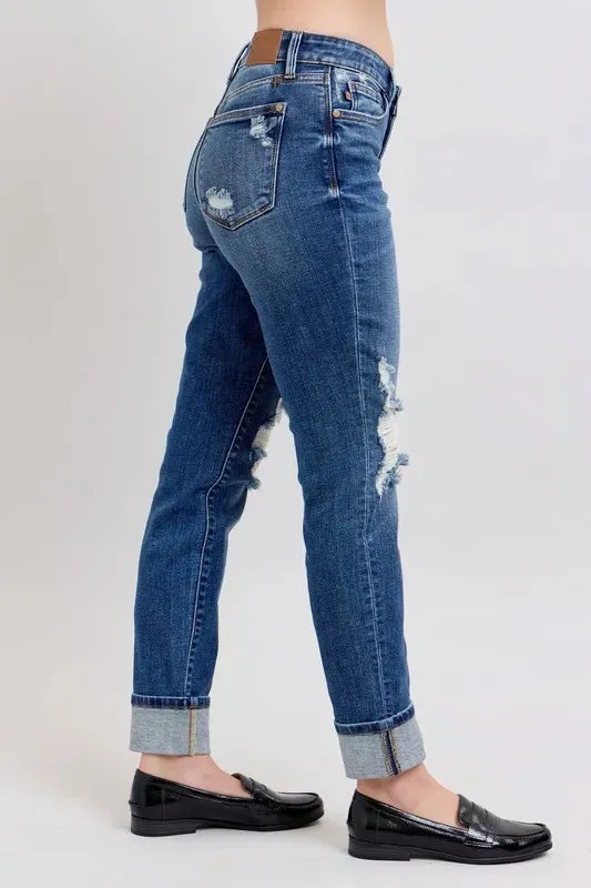 Judy Blue Mid Rise Boyfriend destroy Jeans with Yoke Pockets and Faux Selvedge Cuffs In Dark Wash