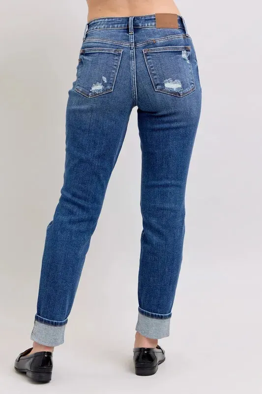 Judy Blue Mid Rise Boyfriend destroy Jeans with Yoke Pockets and Faux Selvedge Cuffs In Dark Wash