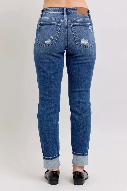 Judy Blue Mid Rise Boyfriend destroy Jeans with Yoke Pockets and Faux Selvedge Cuffs In Dark Wash