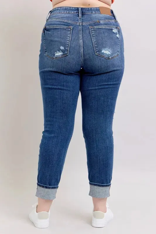 Judy Blue Mid Rise Boyfriend destroy Jeans with Yoke Pockets and Faux Selvedge Cuffs In Dark Wash