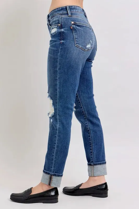 Judy Blue Mid Rise Boyfriend destroy Jeans with Yoke Pockets and Faux Selvedge Cuffs In Dark Wash