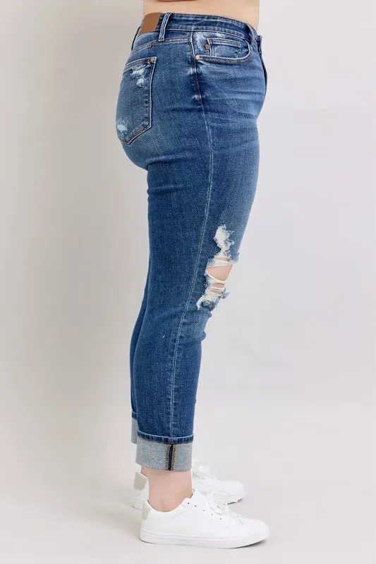 Judy Blue Mid Rise Boyfriend destroy Jeans with Yoke Pockets and Faux Selvedge Cuffs In Dark Wash