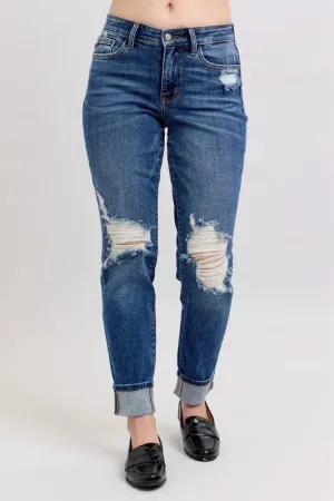 Judy Blue Mid Rise Boyfriend destroy Jeans with Yoke Pockets and Faux Selvedge Cuffs In Dark Wash