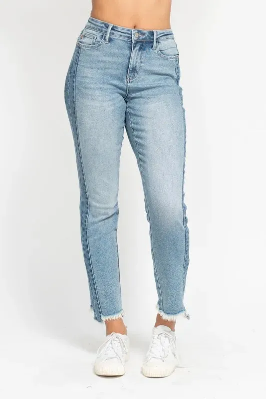 Judy Blue Vintage Wash Side Panel Detail with Fray Hem Slim Jeans In Medium Wash