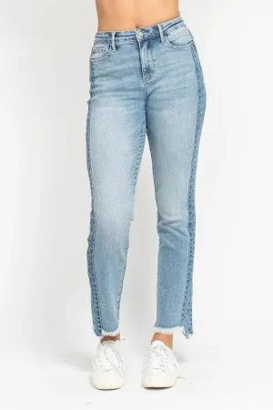 Judy Blue Vintage Wash Side Panel Detail with Fray Hem Slim Jeans In Medium Wash