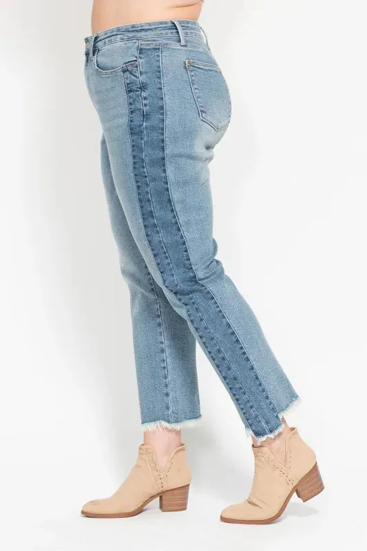 Judy Blue Vintage Wash Side Panel Detail with Fray Hem Slim Jeans In Medium Wash