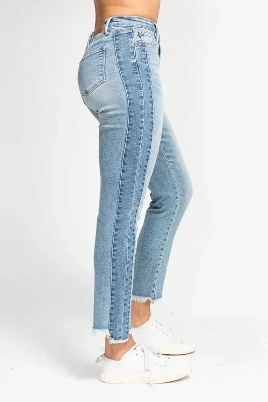 Judy Blue Vintage Wash Side Panel Detail with Fray Hem Slim Jeans In Medium Wash