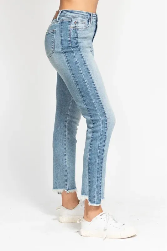 Judy Blue Vintage Wash Side Panel Detail with Fray Hem Slim Jeans In Medium Wash