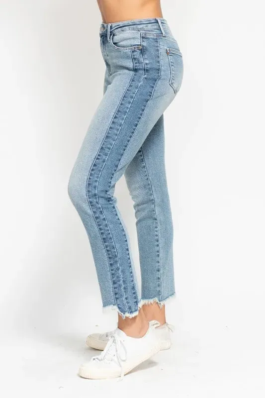 Judy Blue Vintage Wash Side Panel Detail with Fray Hem Slim Jeans In Medium Wash