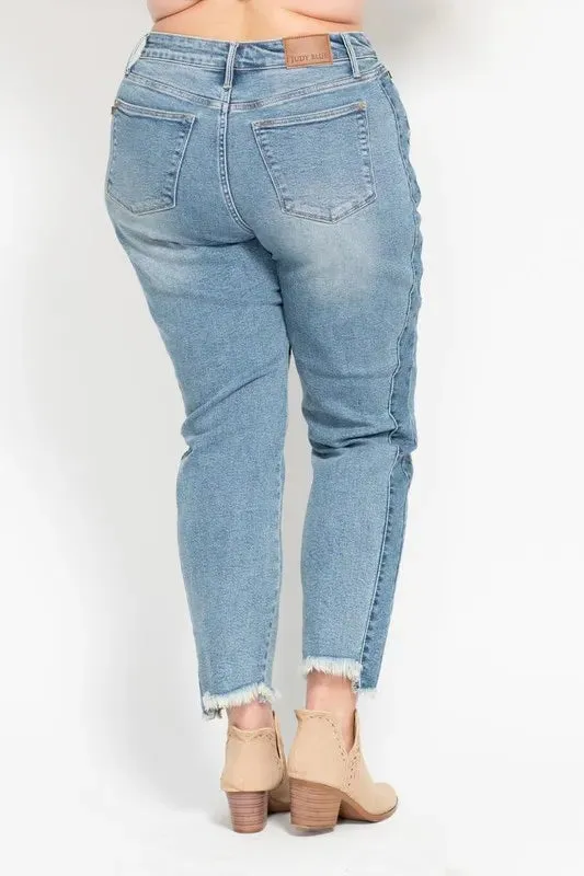 Judy Blue Vintage Wash Side Panel Detail with Fray Hem Slim Jeans In Medium Wash