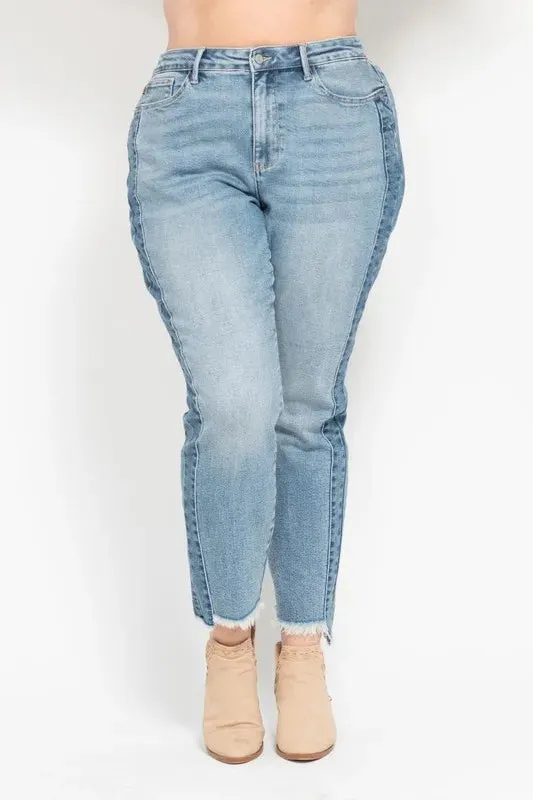 Judy Blue Vintage Wash Side Panel Detail with Fray Hem Slim Jeans In Medium Wash