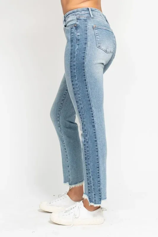 Judy Blue Vintage Wash Side Panel Detail with Fray Hem Slim Jeans In Medium Wash