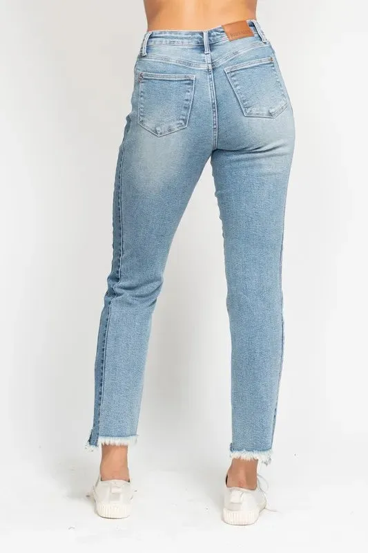 Judy Blue Vintage Wash Side Panel Detail with Fray Hem Slim Jeans In Medium Wash