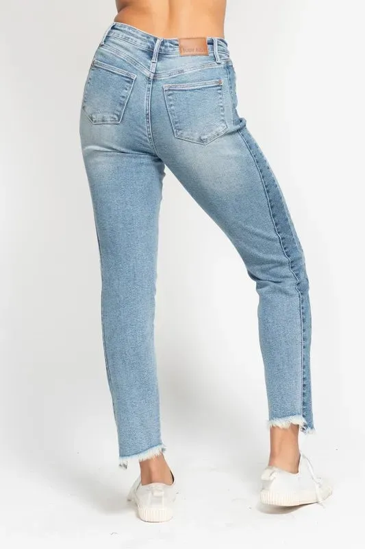 Judy Blue Vintage Wash Side Panel Detail with Fray Hem Slim Jeans In Medium Wash