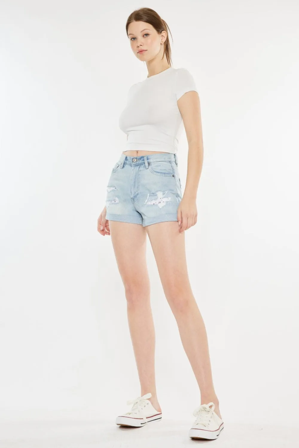 Kancan Aurora High Rise Repaired Mom Denim Shorts