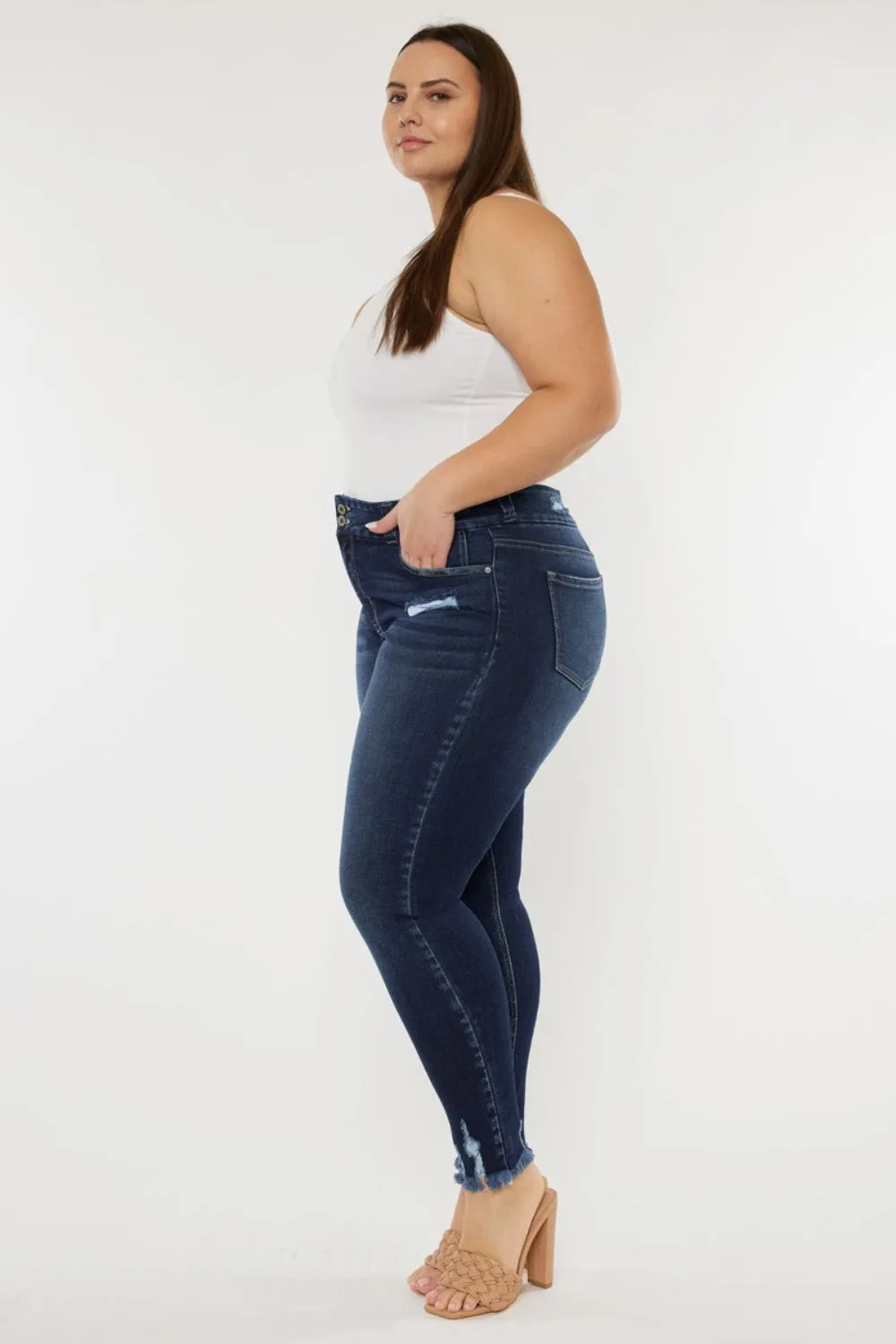 Kancan Cat's Whiskers Raw Hem High Waist Jeans In Dark Wash