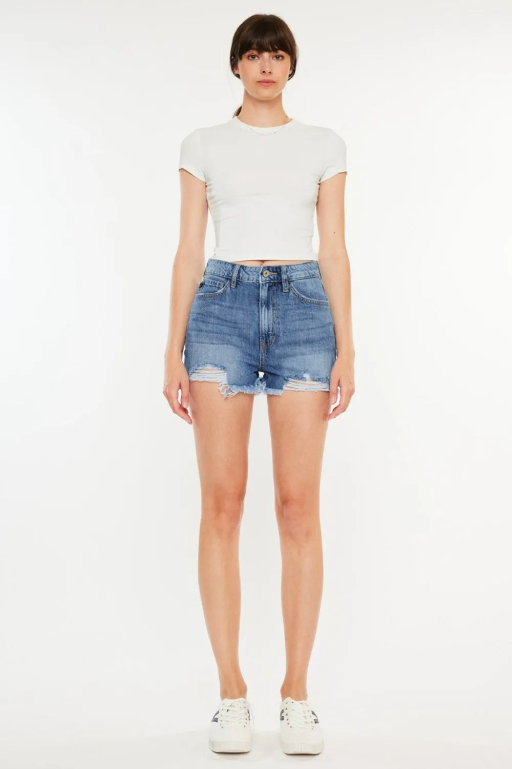 Kancan Harper Distressed Raw Hem High Waist Denim Shorts