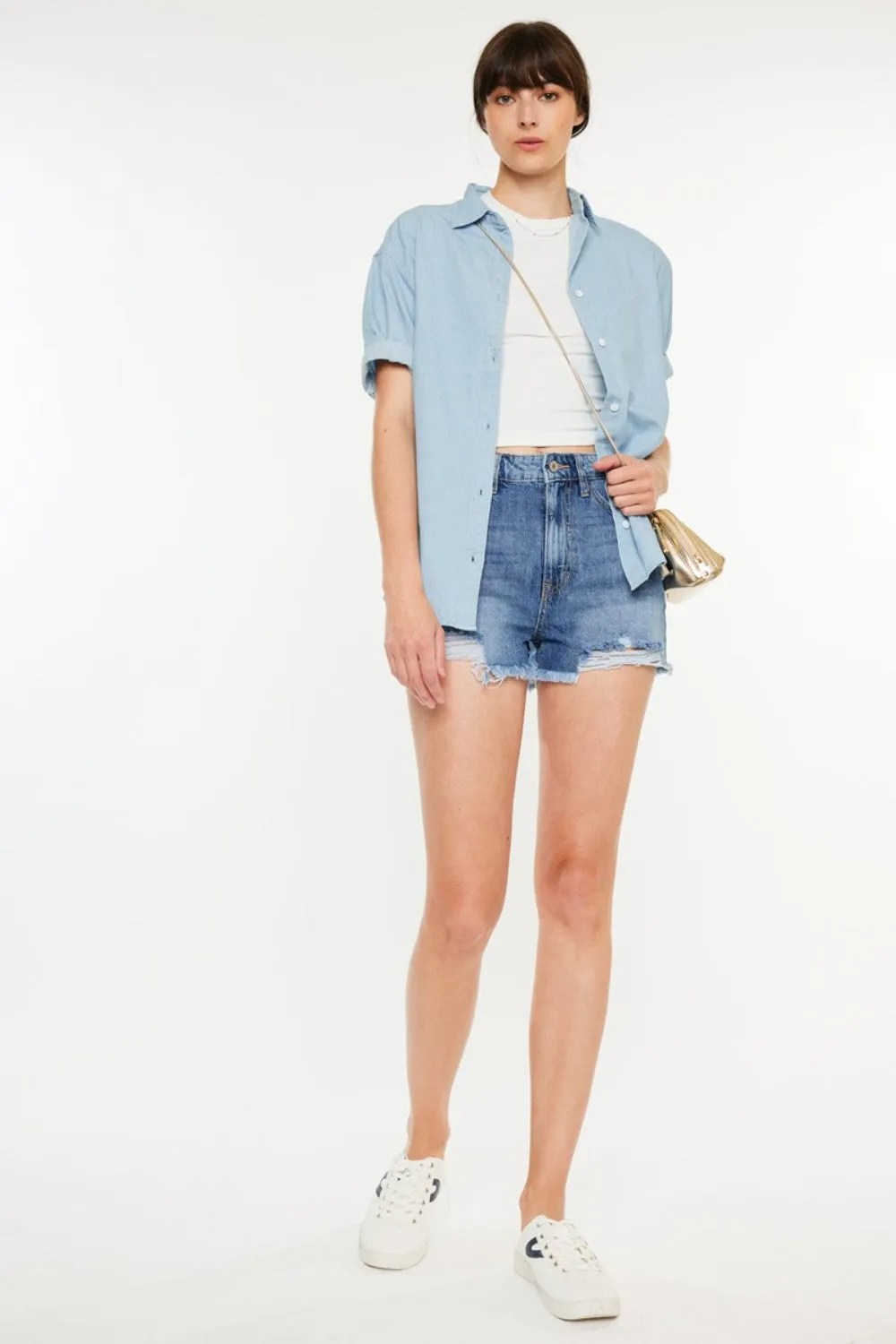 Kancan Harper Distressed Raw Hem High Waist Denim Shorts