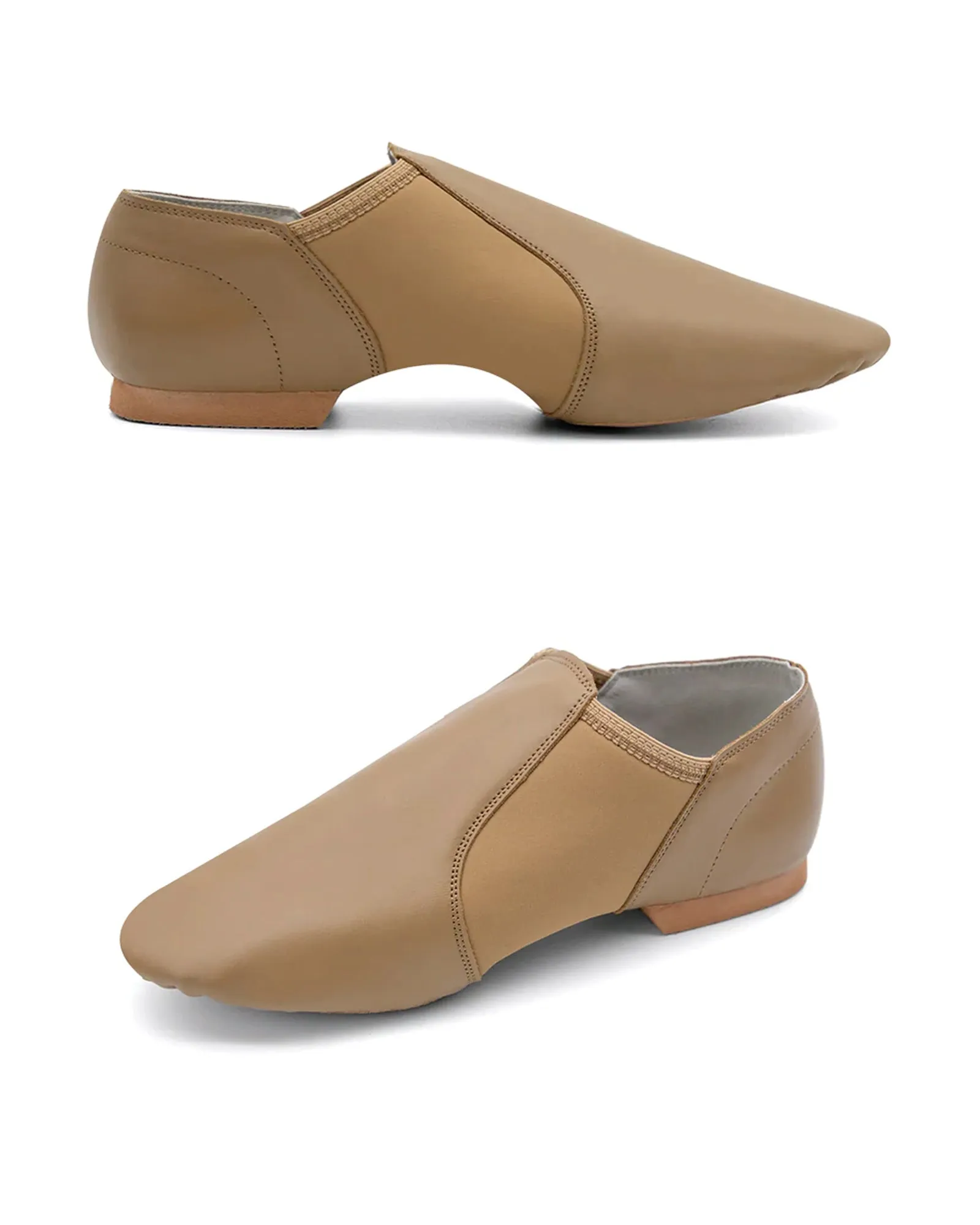 Leather Flex Slip On Tan Jazz Dance Shoes with Arch Insert for Women and Men