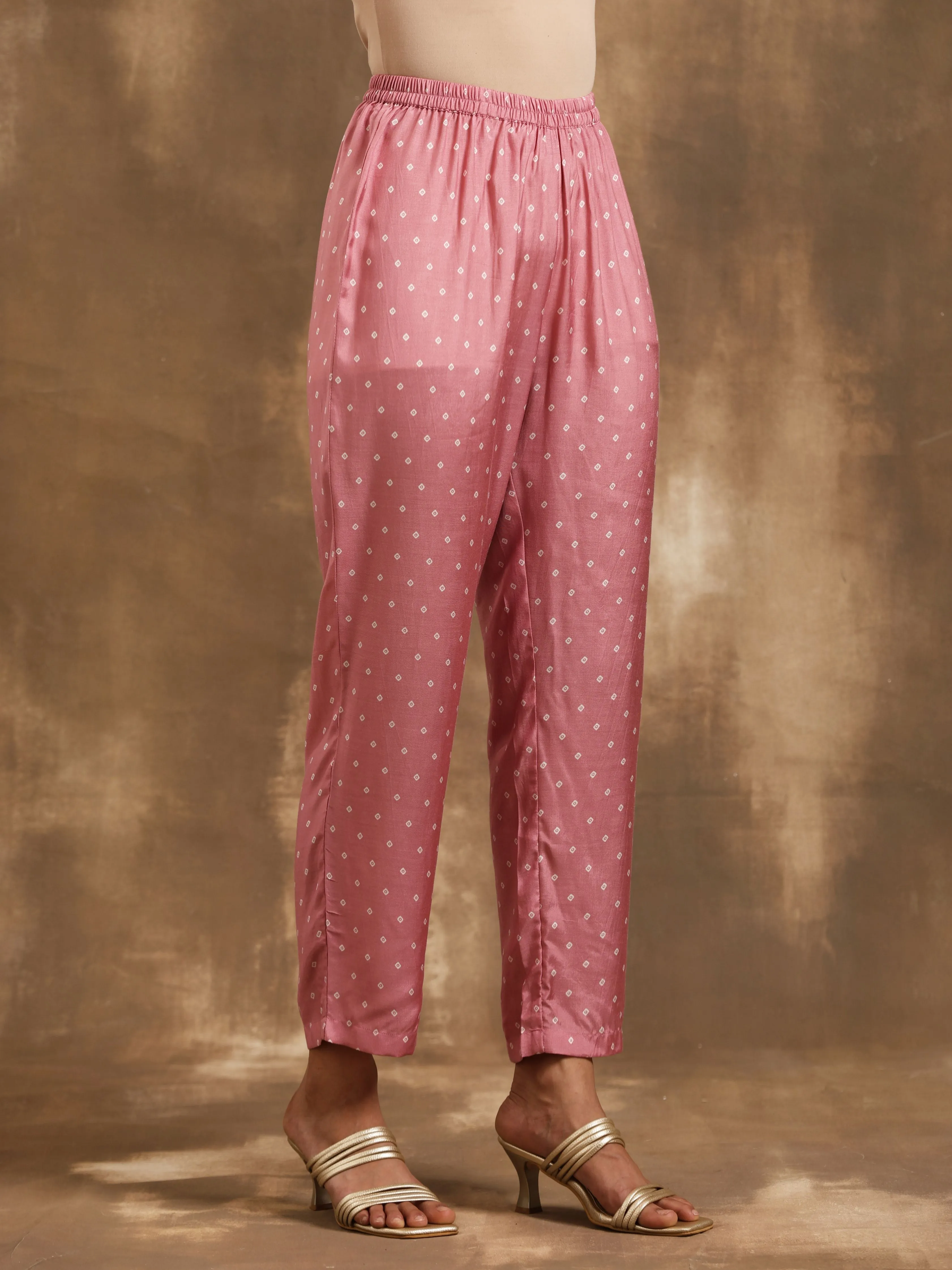 Light Mauve Bandhani Printed Silk Kurta Pant Set