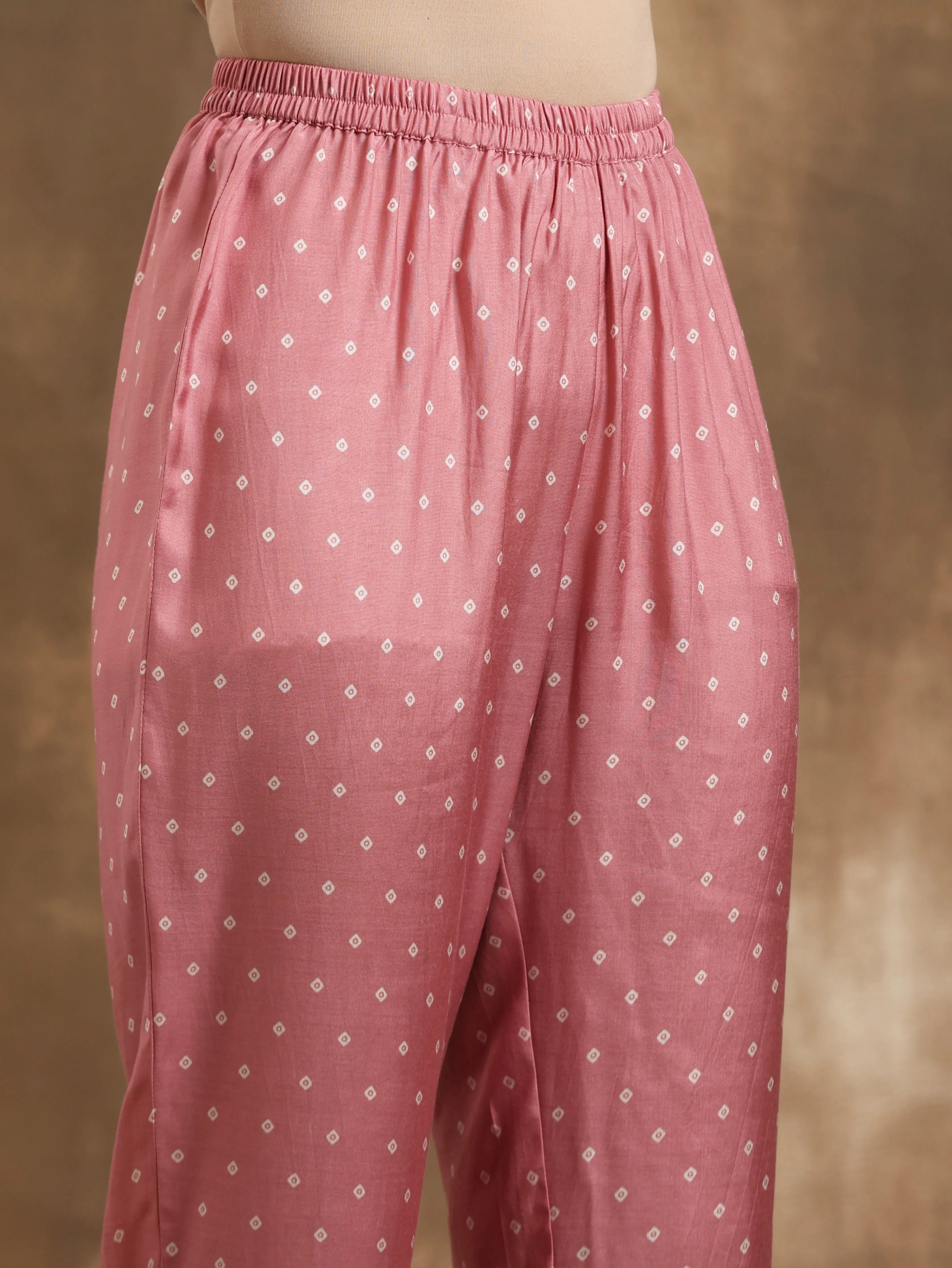 Light Mauve Bandhani Printed Silk Kurta Pant Set