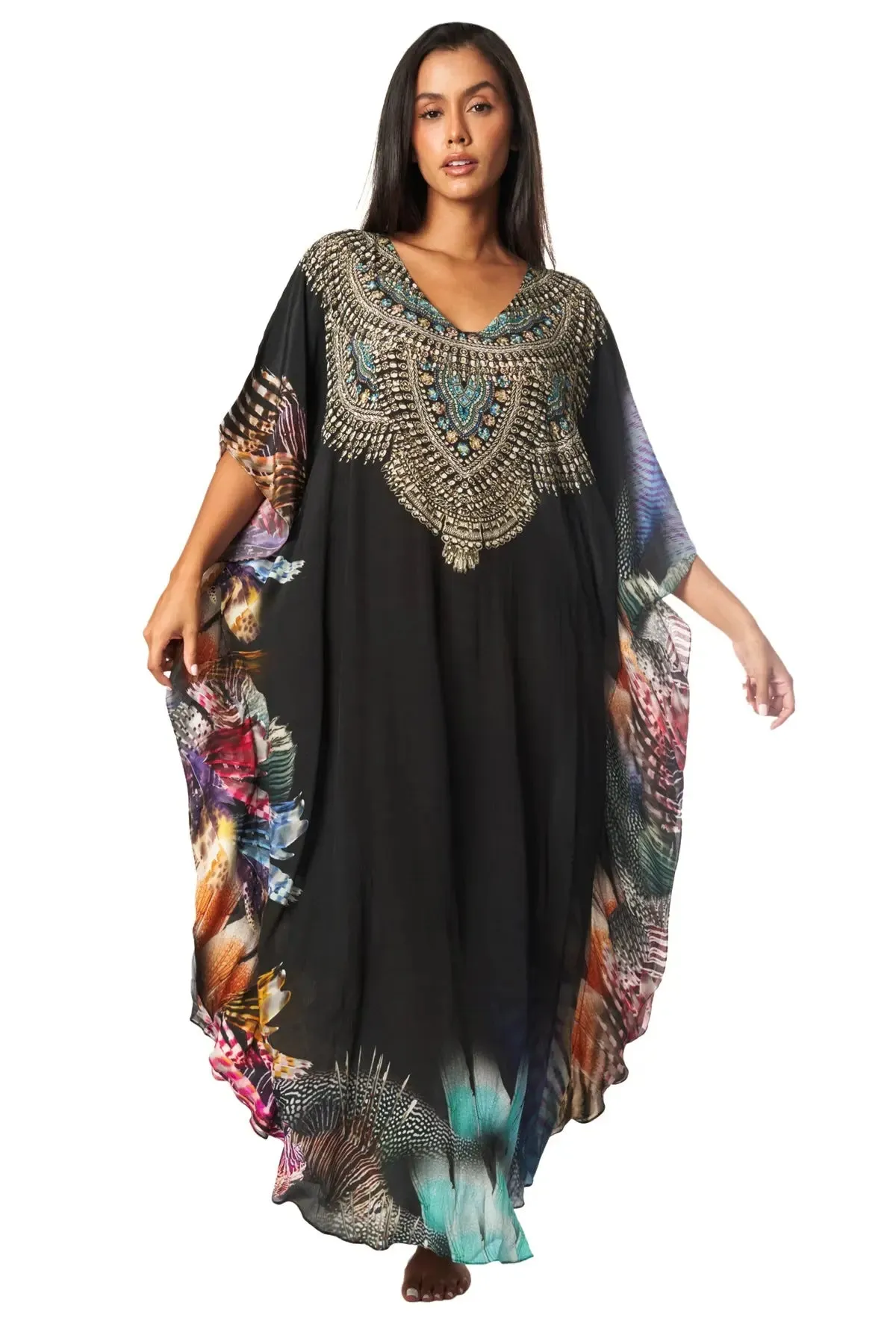 Lightweight Maxi Caftan Dress/Cover Up with Jewels