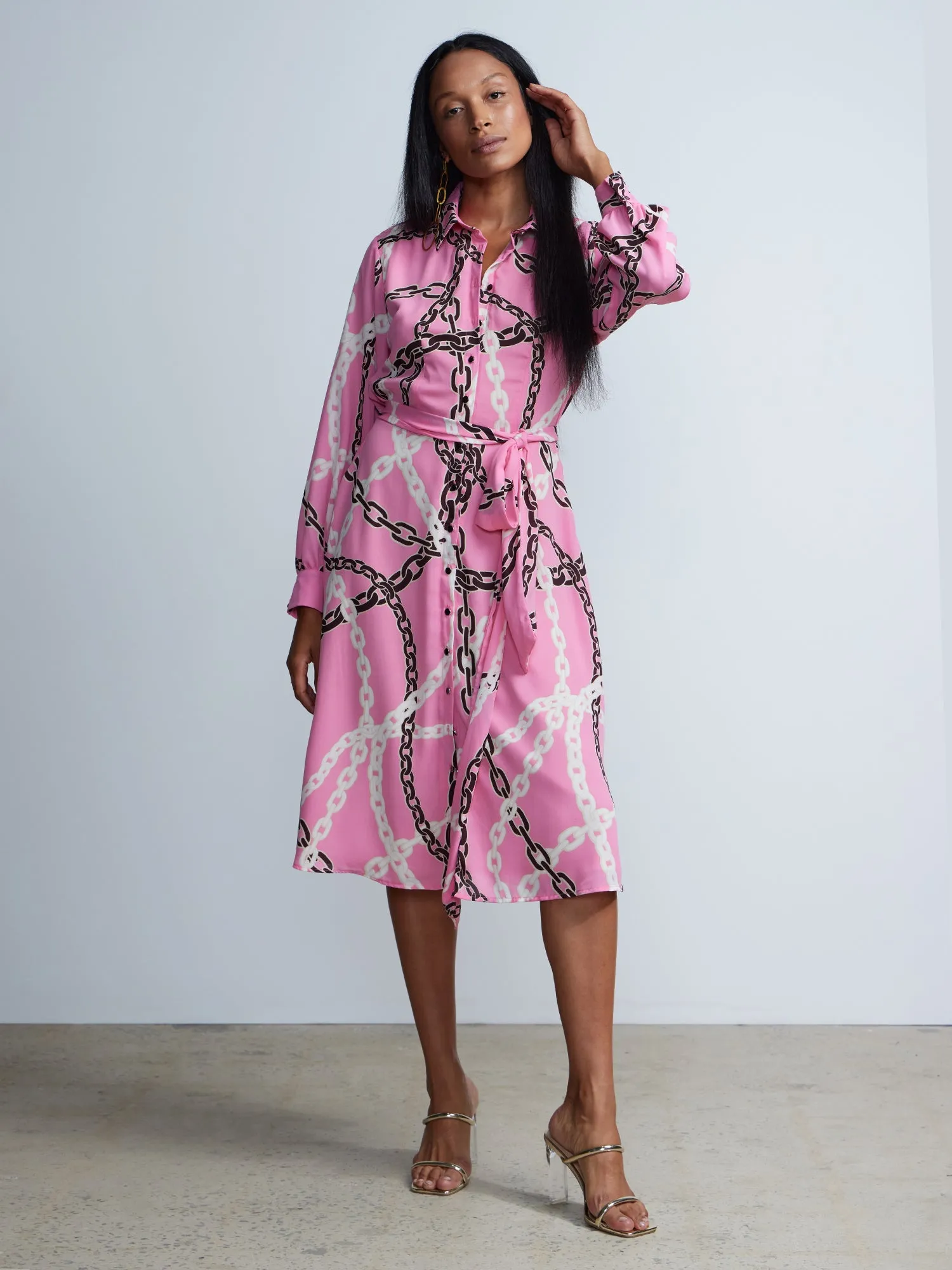 Long Sleeve Chain Print Collared Shirt Dress