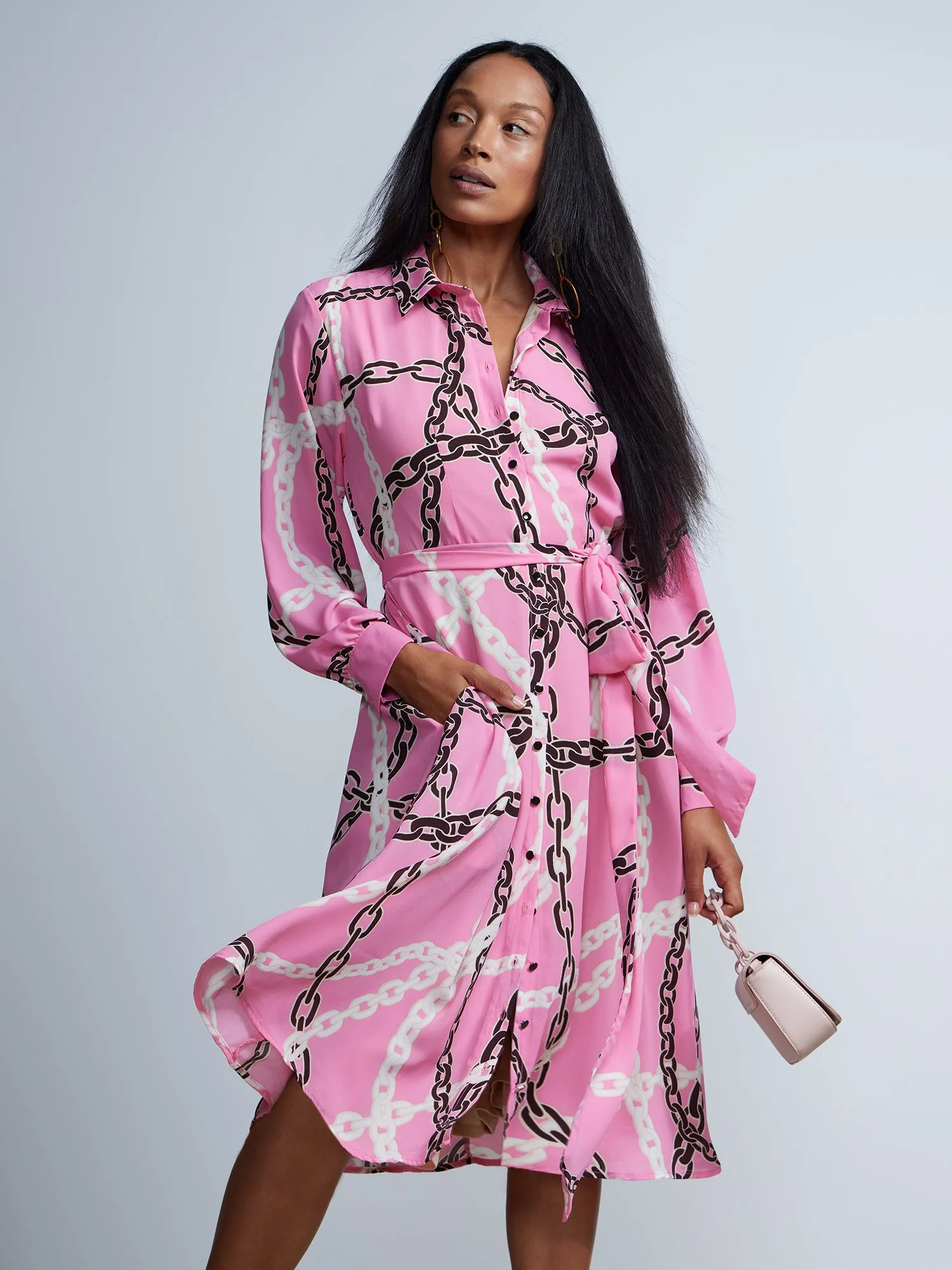 Long Sleeve Chain Print Collared Shirt Dress