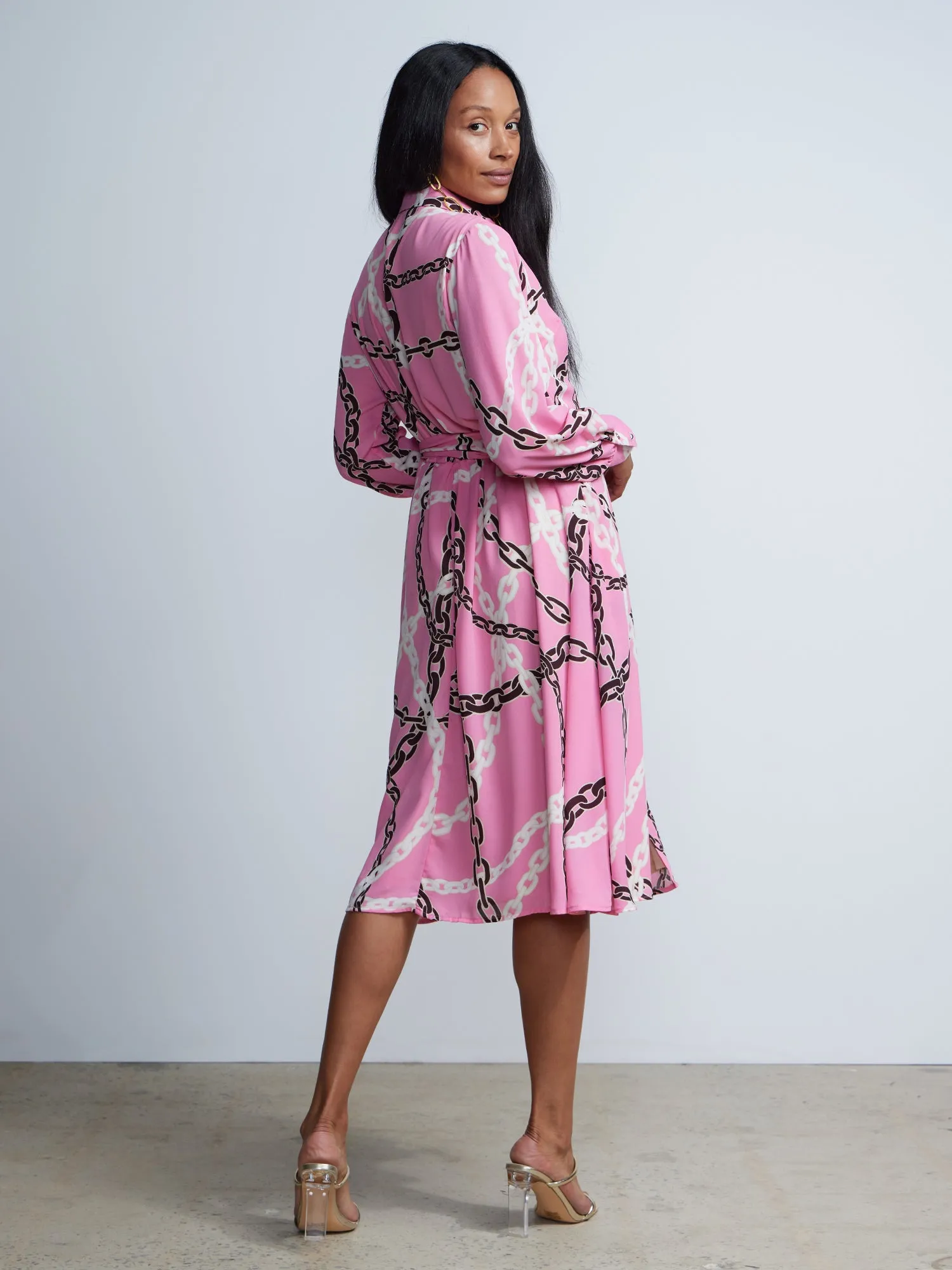 Long Sleeve Chain Print Collared Shirt Dress