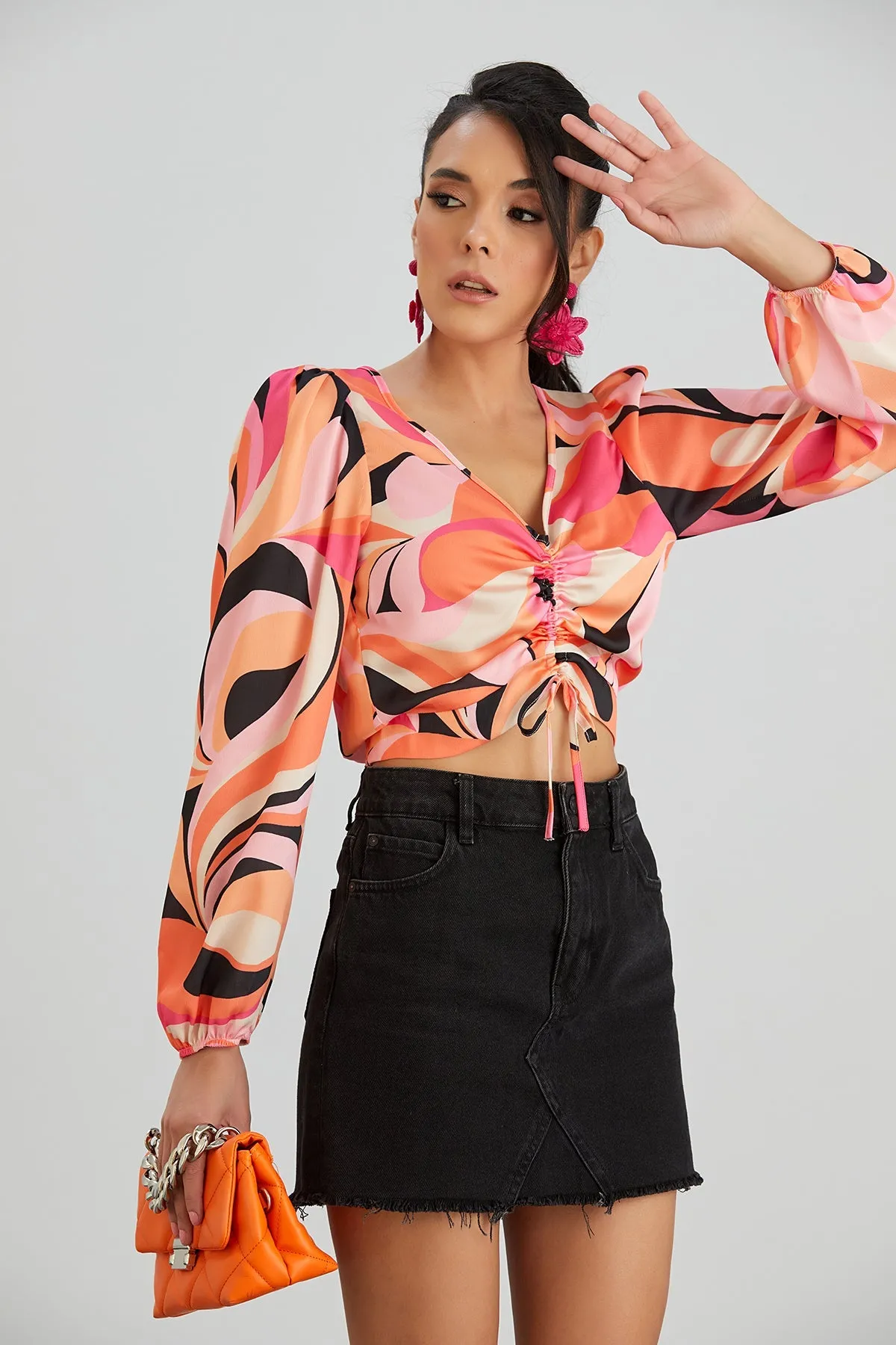 Long Sleeve Crop Top in Coral Abstract print