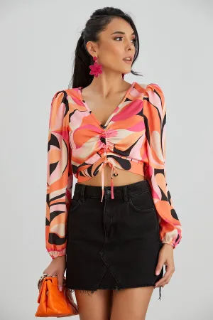 Long Sleeve Crop Top in Coral Abstract print