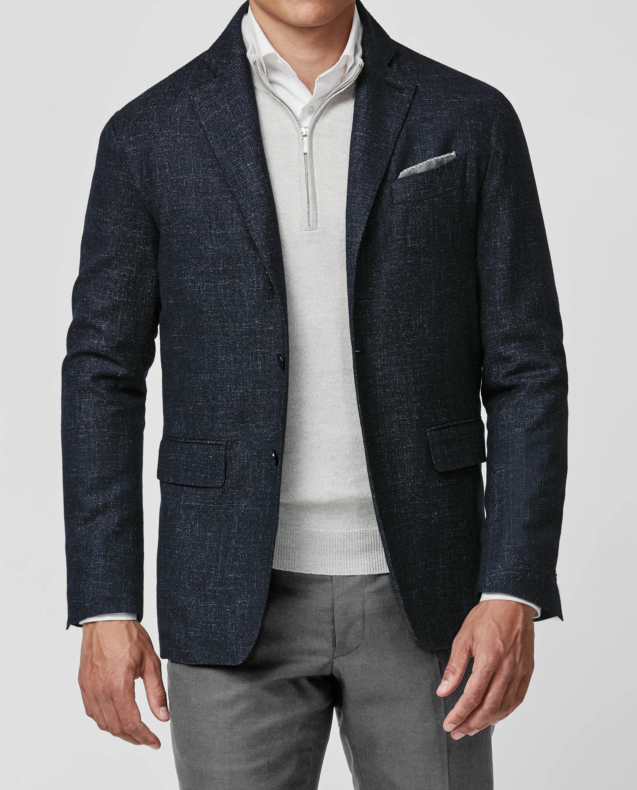 Marlane Navy Blue Jaspé Wool, Cotton & Linen Twill
