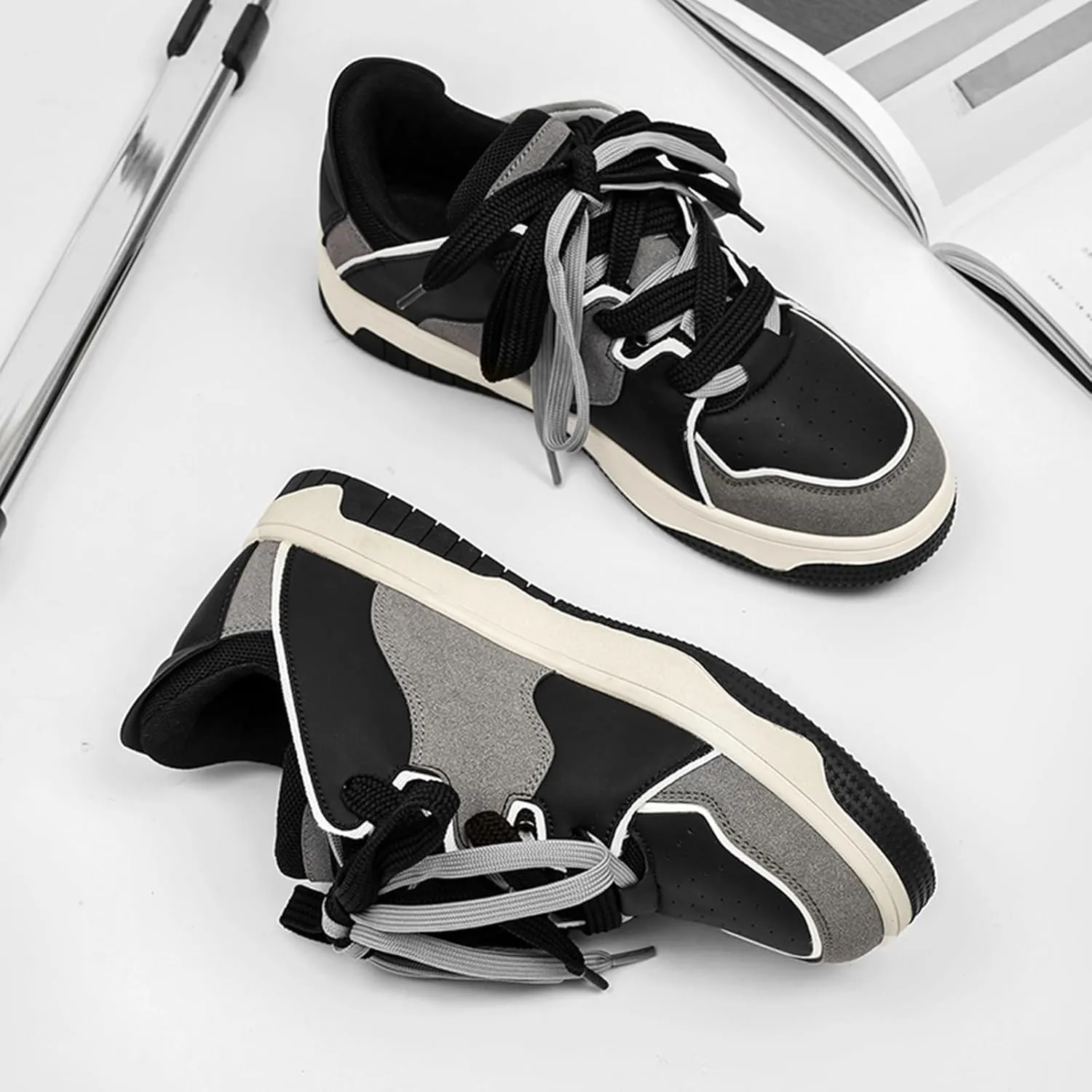 Men's Fashion Leather Lace up Platform Sneakers Lightweight Comfortable Round Toe Trainers Skateboarding Walking Shoes