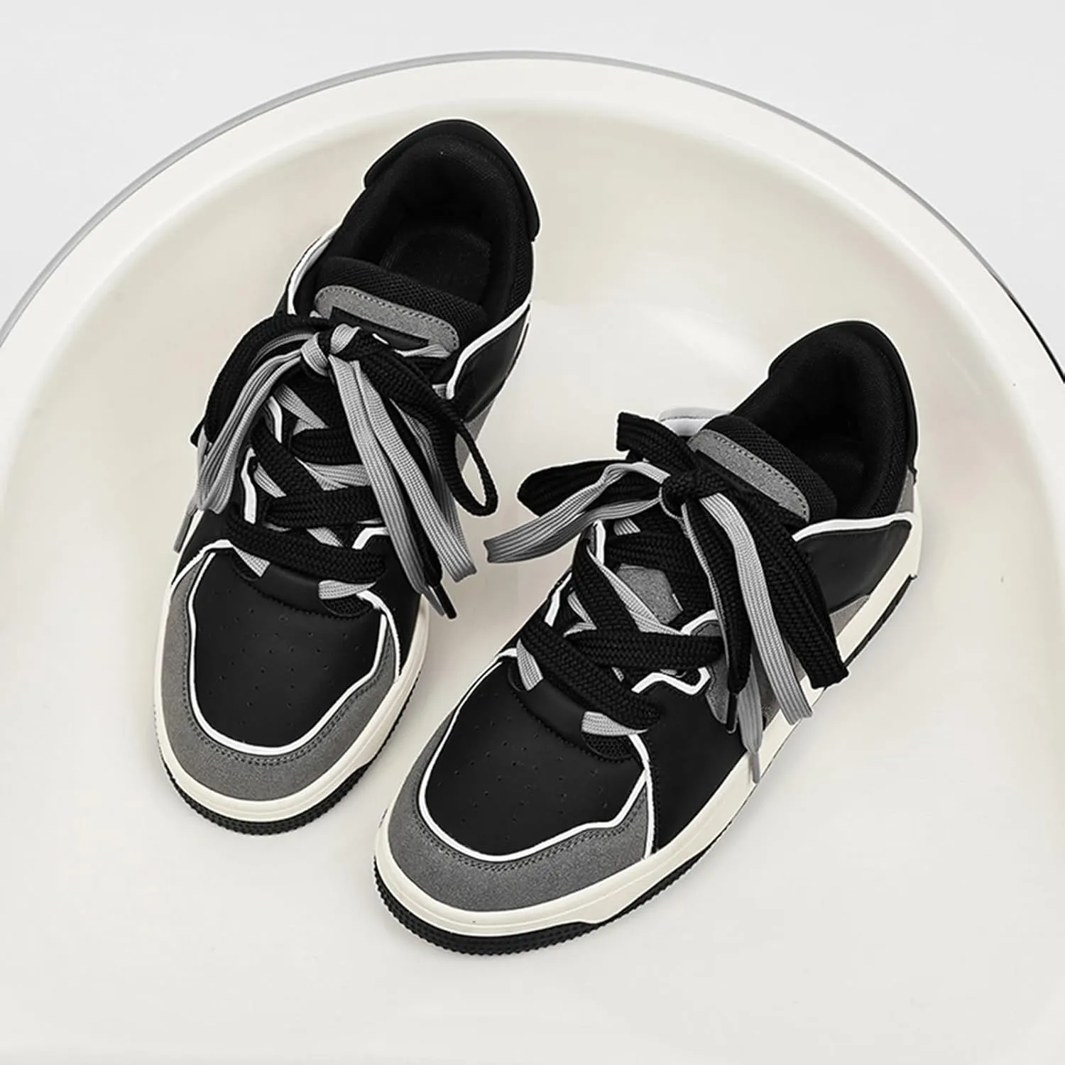 Men's Fashion Leather Lace up Platform Sneakers Lightweight Comfortable Round Toe Trainers Skateboarding Walking Shoes