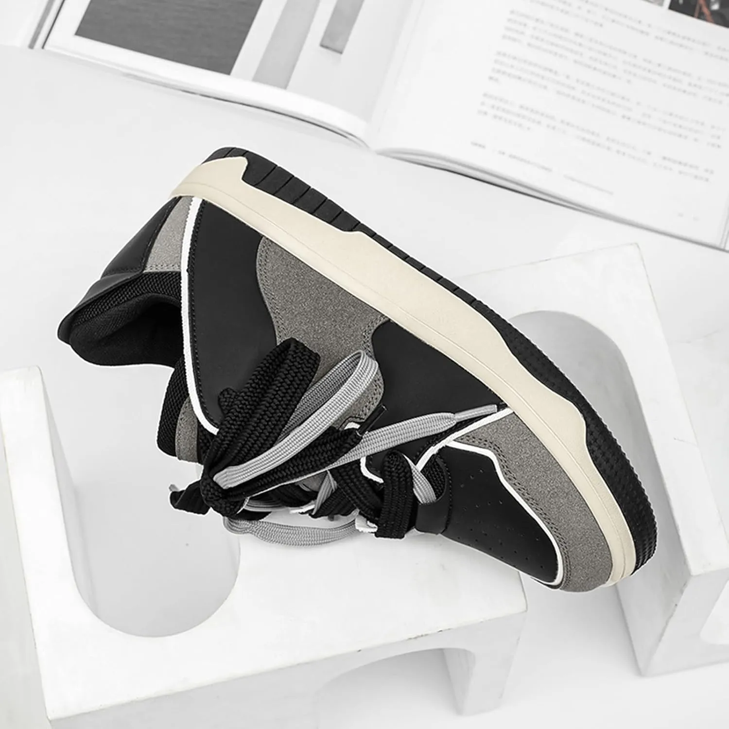 Men's Fashion Leather Lace up Platform Sneakers Lightweight Comfortable Round Toe Trainers Skateboarding Walking Shoes