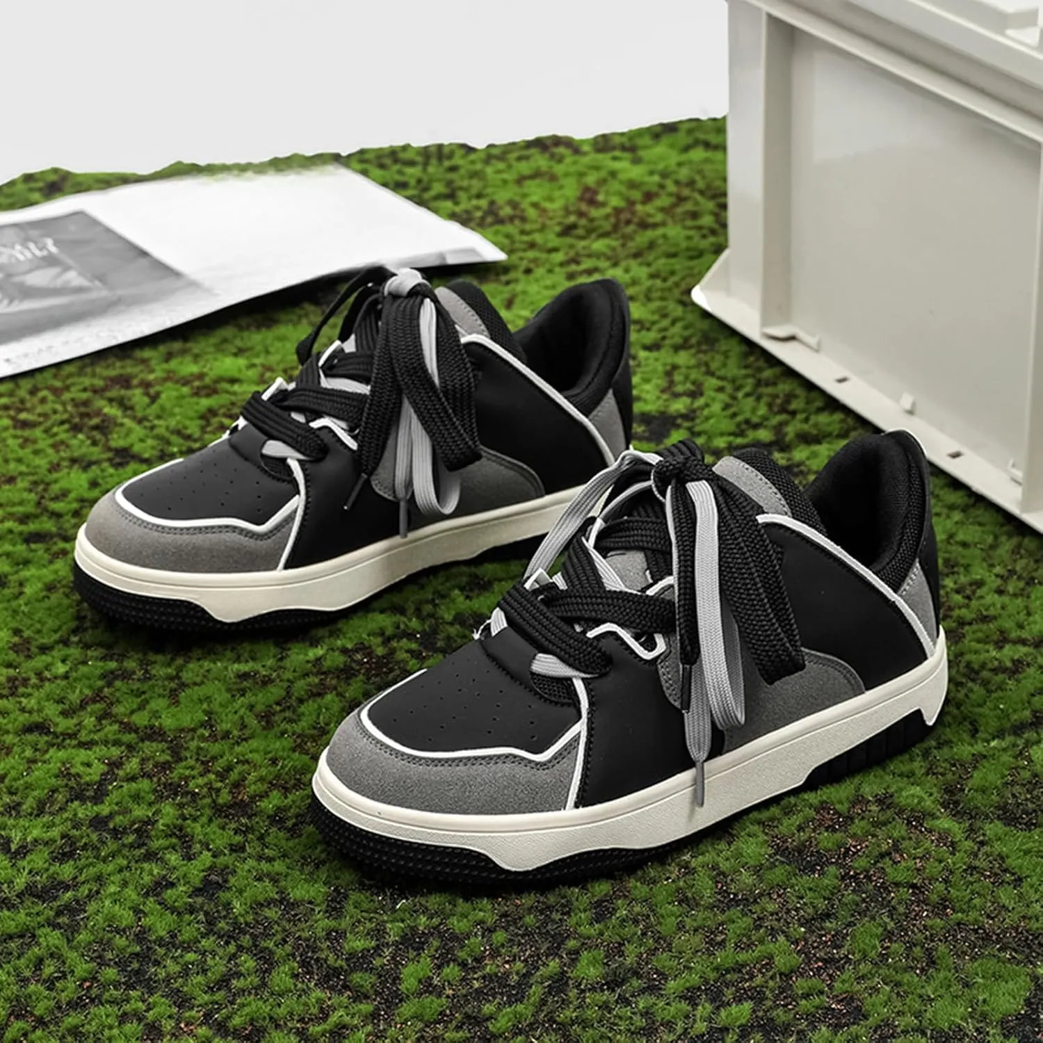 Men's Fashion Leather Lace up Platform Sneakers Lightweight Comfortable Round Toe Trainers Skateboarding Walking Shoes
