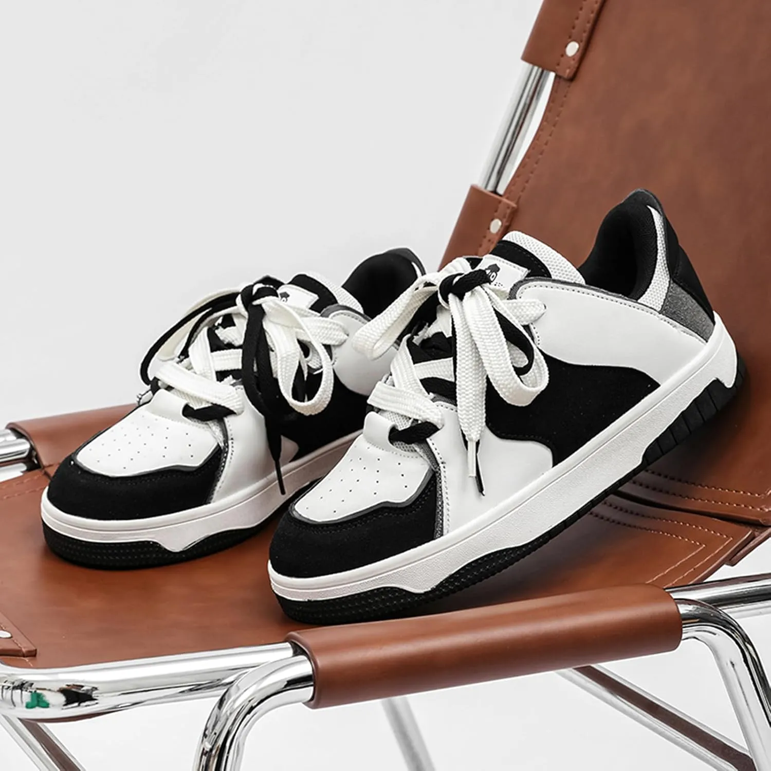 Men's Fashion Leather Lace up Platform Sneakers Lightweight Comfortable Round Toe Trainers Skateboarding Walking Shoes
