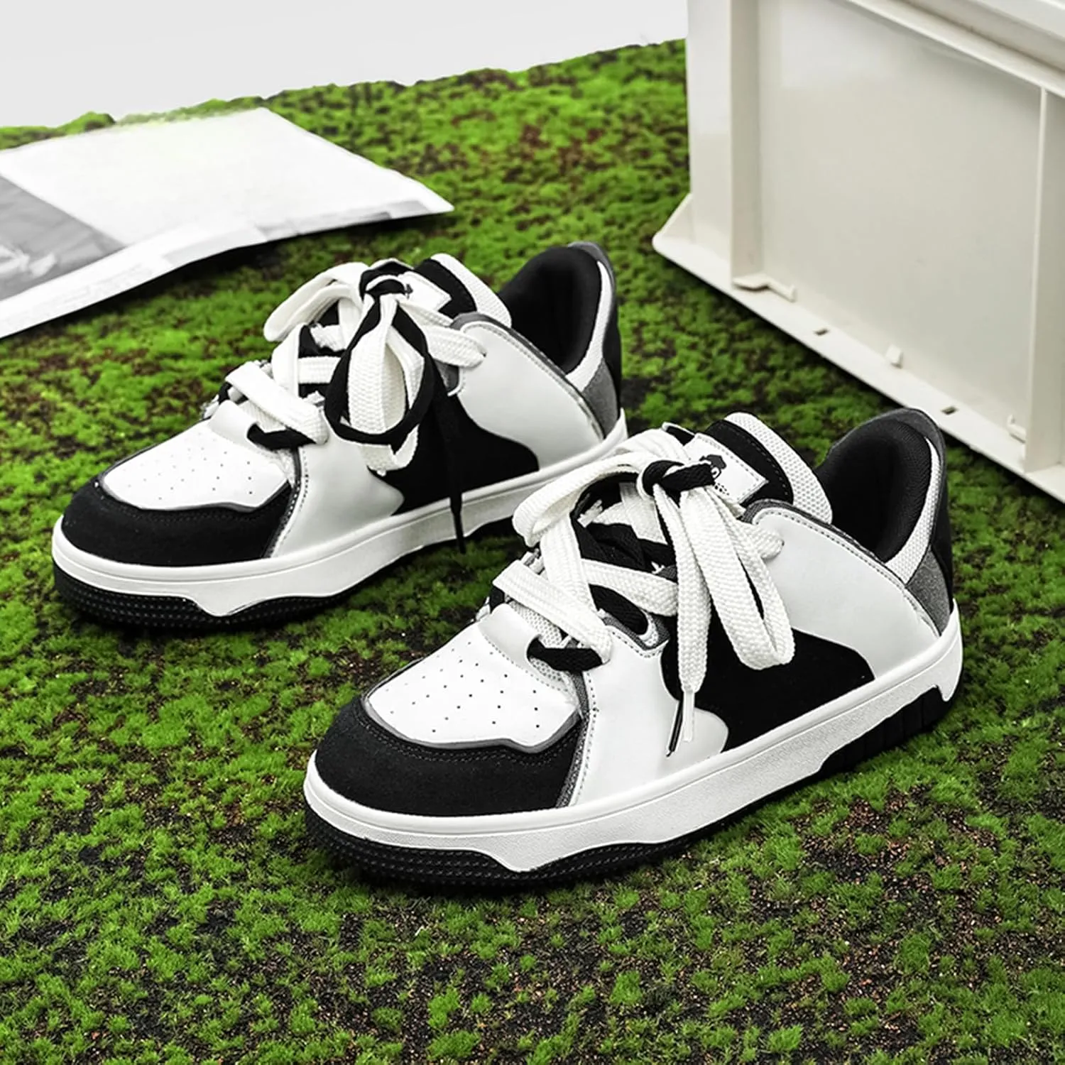 Men's Fashion Leather Lace up Platform Sneakers Lightweight Comfortable Round Toe Trainers Skateboarding Walking Shoes