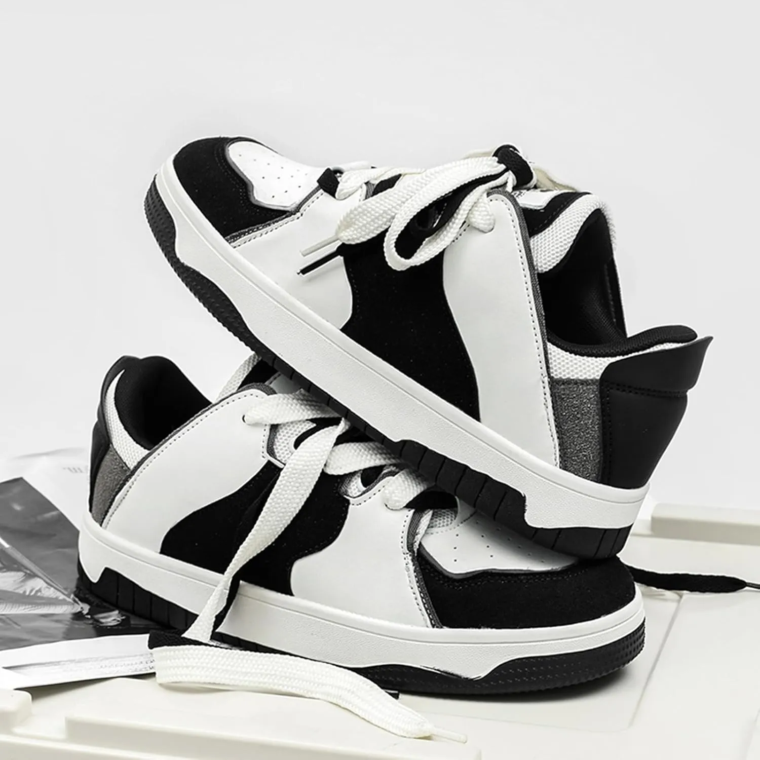 Men's Fashion Leather Lace up Platform Sneakers Lightweight Comfortable Round Toe Trainers Skateboarding Walking Shoes