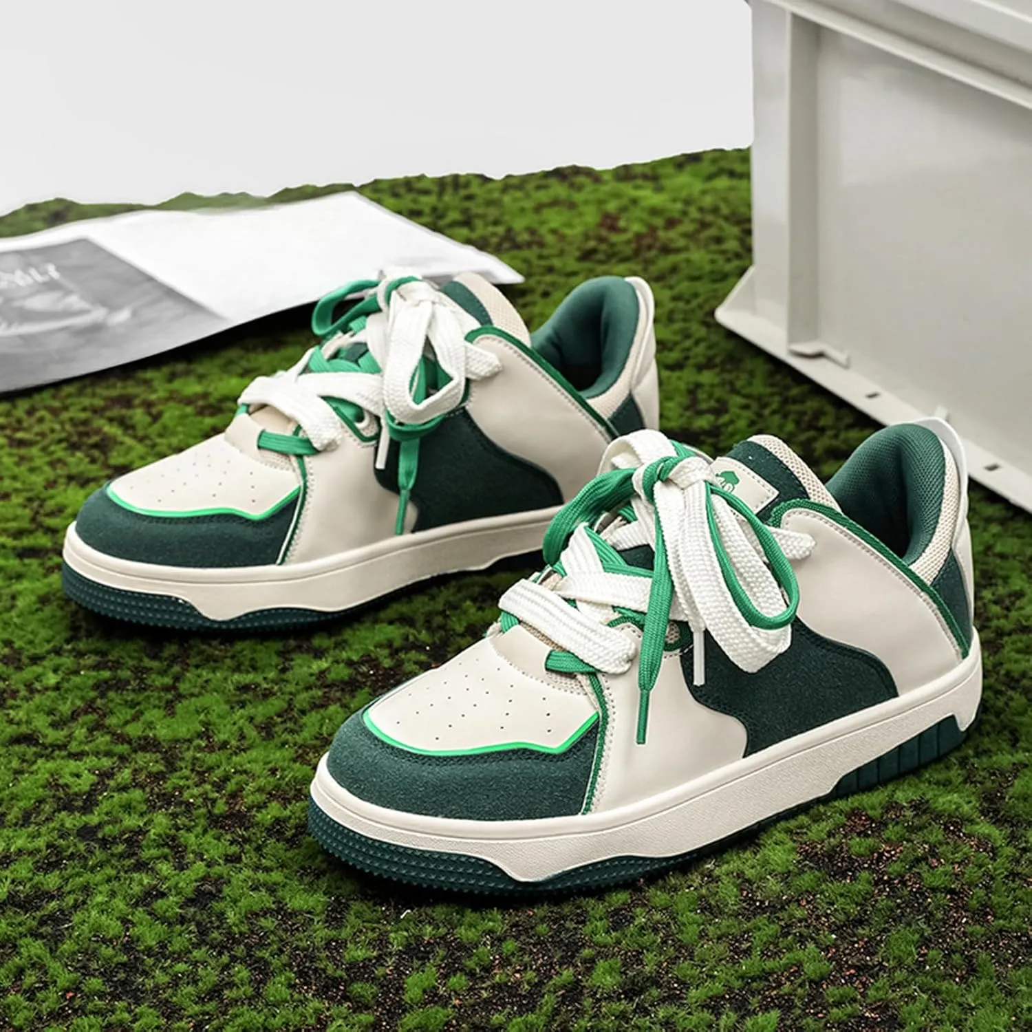 Men's Fashion Leather Lace up Platform Sneakers Lightweight Comfortable Round Toe Trainers Skateboarding Walking Shoes