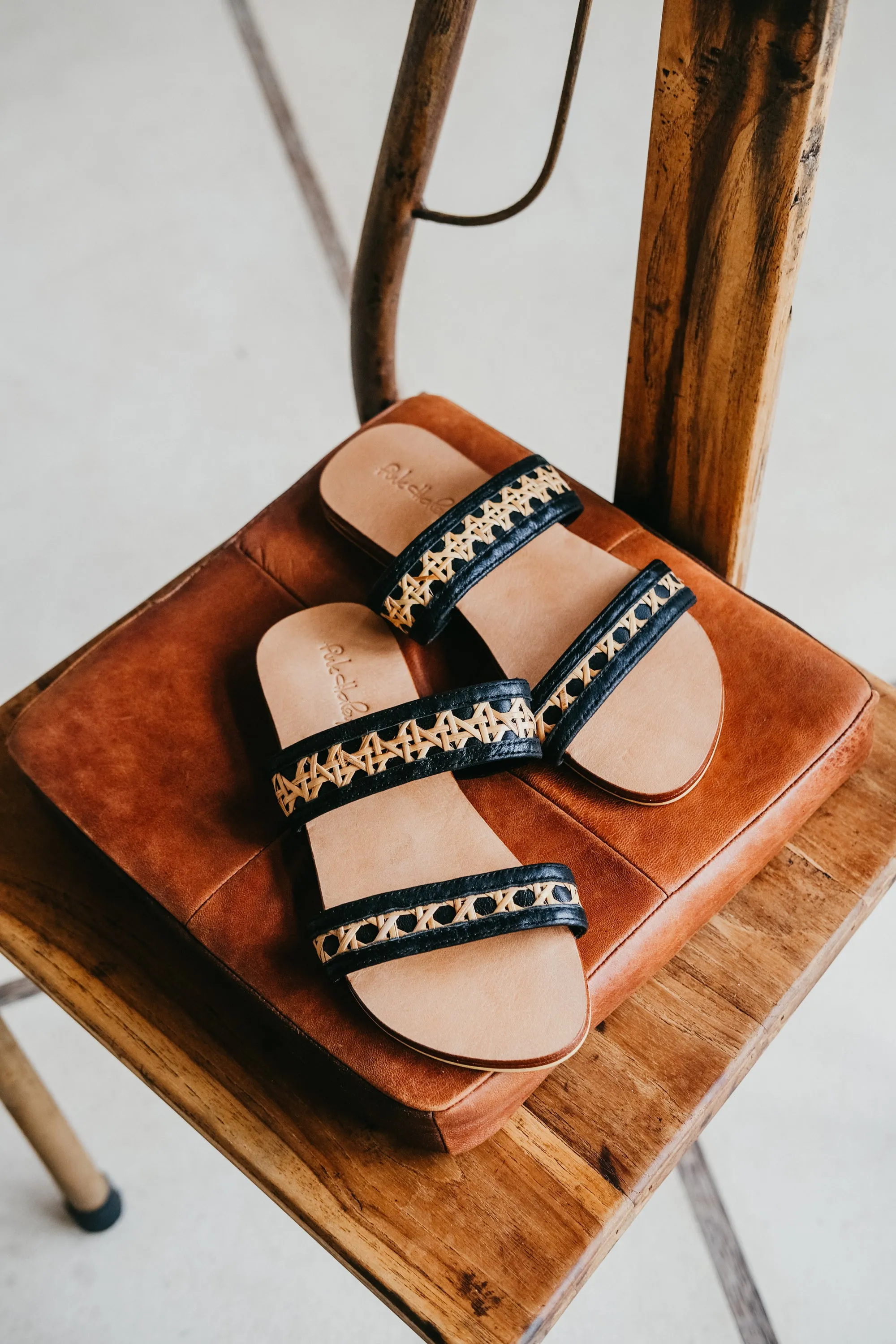 Milani Cane and Leather Slide Sandals
