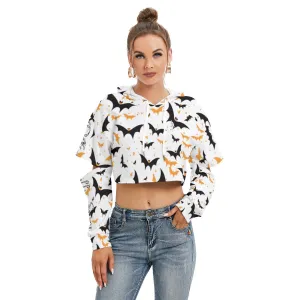 Officially Sexy Halloween Collection Black and Orange Bats Women's White Heavy Fleece Cropped Hoodie With Hollow Out Sleeves (English)